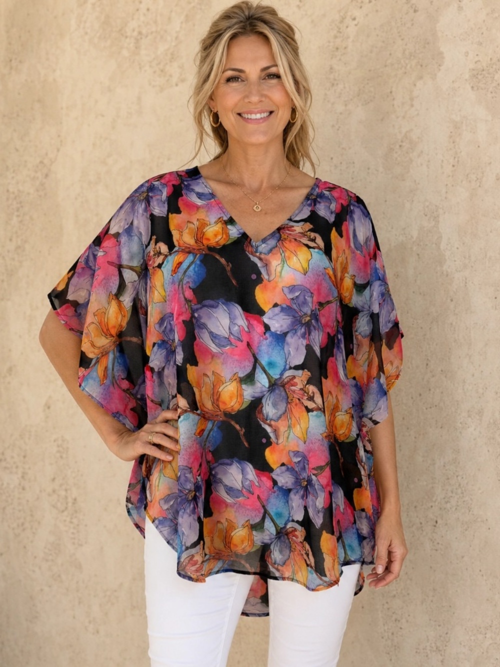 Shavonne Dorsey Floral Sheer Tunic Top M Watercolor Caftan Poncho NWOT